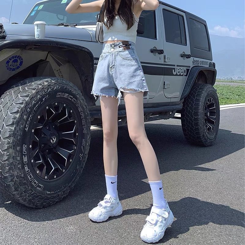 高腰牛仔短裤女2021夏季新款宽松韩版显瘦百搭a字破洞阔腿ins热裤 双扣黑色 XS 建议70-80斤