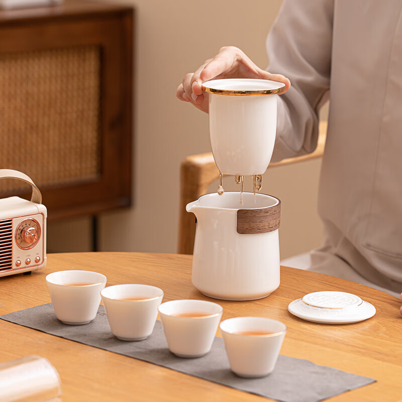 苏氏陶瓷(SUSHI CERAMICS) J1034 羊脂玉瓷手抓壶快客杯-手抓壶品茗杯 6件套 (单位:套)高清大图