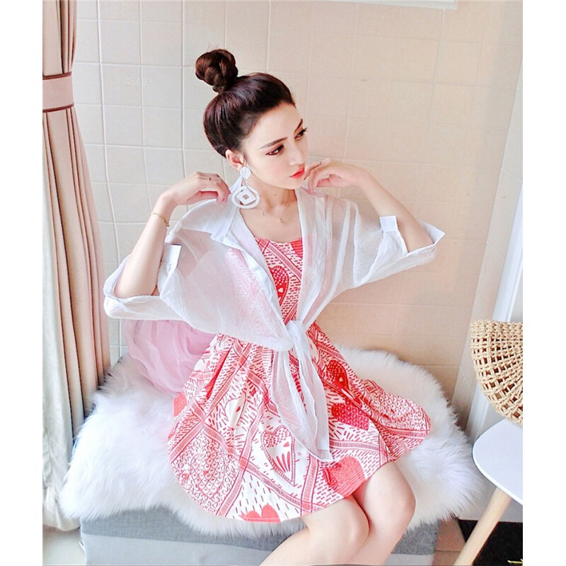 时尚套装女夏2018新款百搭防晒上衣+修身显瘦带背心裙两件套潮