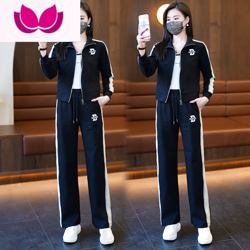 七斓运动休闲套装女2023新款时尚减龄气质百搭卫衣阔腿裤阔 3XL建议135-150斤 黑色两件套