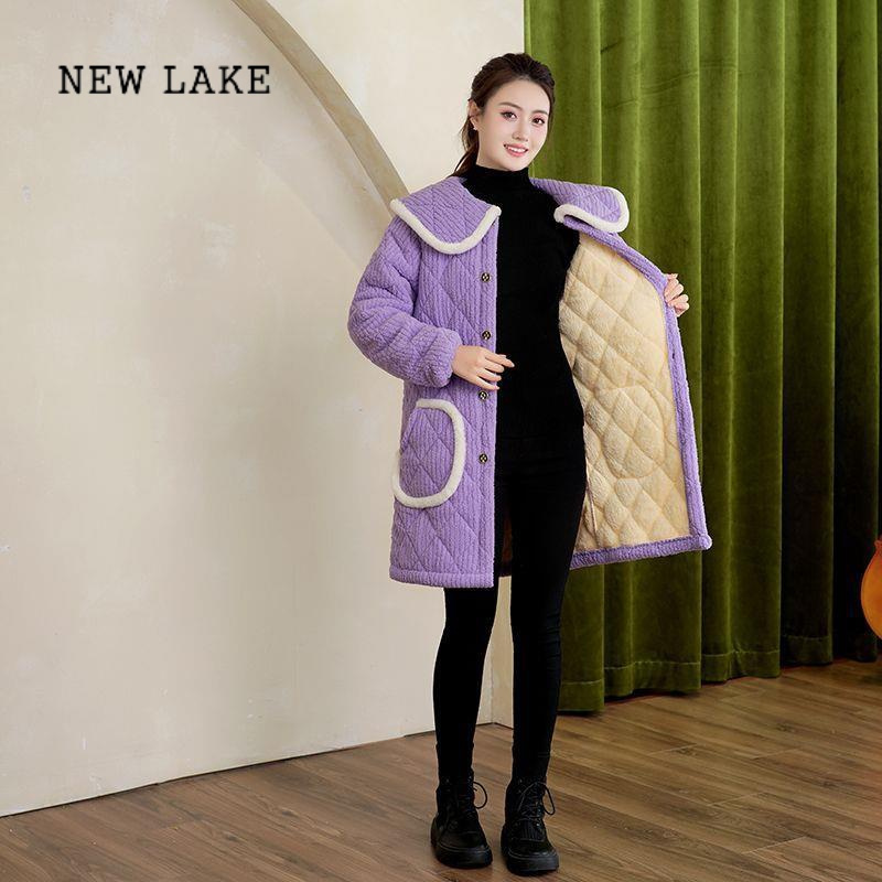 new lake加棉罩衣女外穿冬季新款加绒加厚保暖厨房长棉衣裙时尚外套