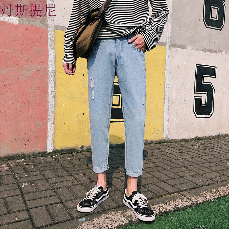 秋季牛仔裤男修身直筒韩版潮流青少年ins超火的宽松薄款男士裤子