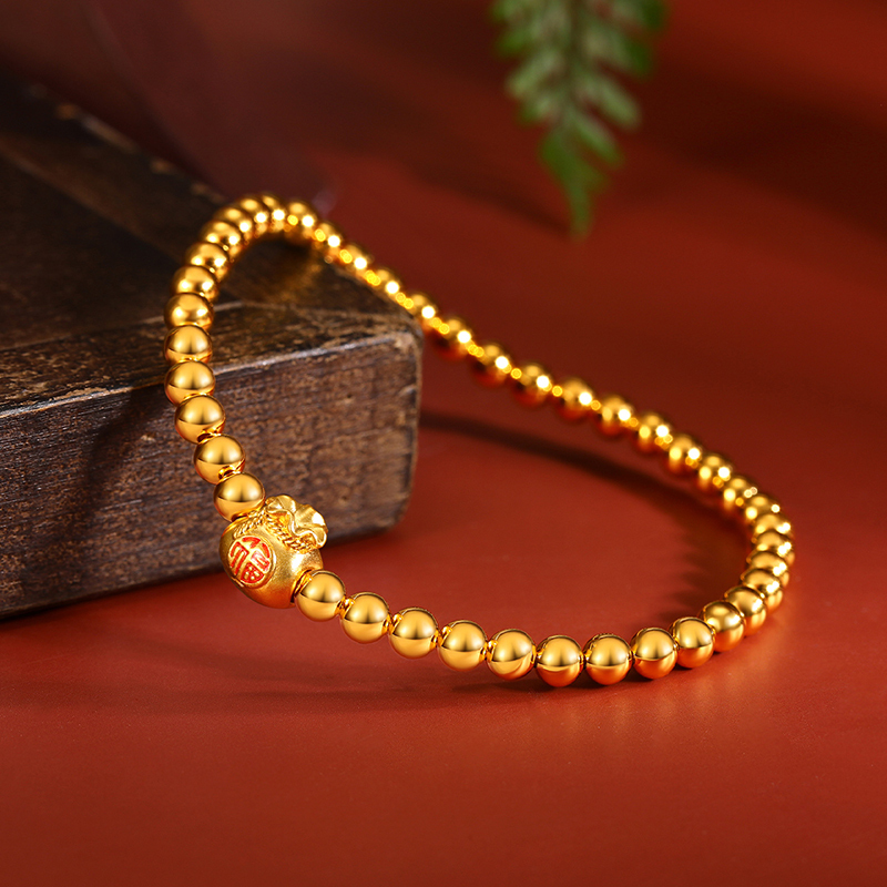 梦金园福袋金珠足金手链吉祥福包福字黄金手链简约圆珠链手串硬金女士