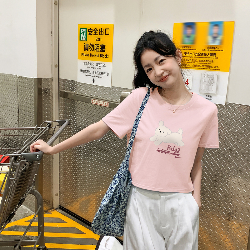 [2.5折价46元]唐狮甜辣黑色上衣女新款短袖T恤女夏季小个子正肩体恤百搭sz