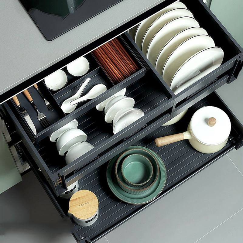 卡贝拉篮厨房橱柜双层铝合金抽中抽筷子碗篮碗碟架抽屉式碗柜拉蓝