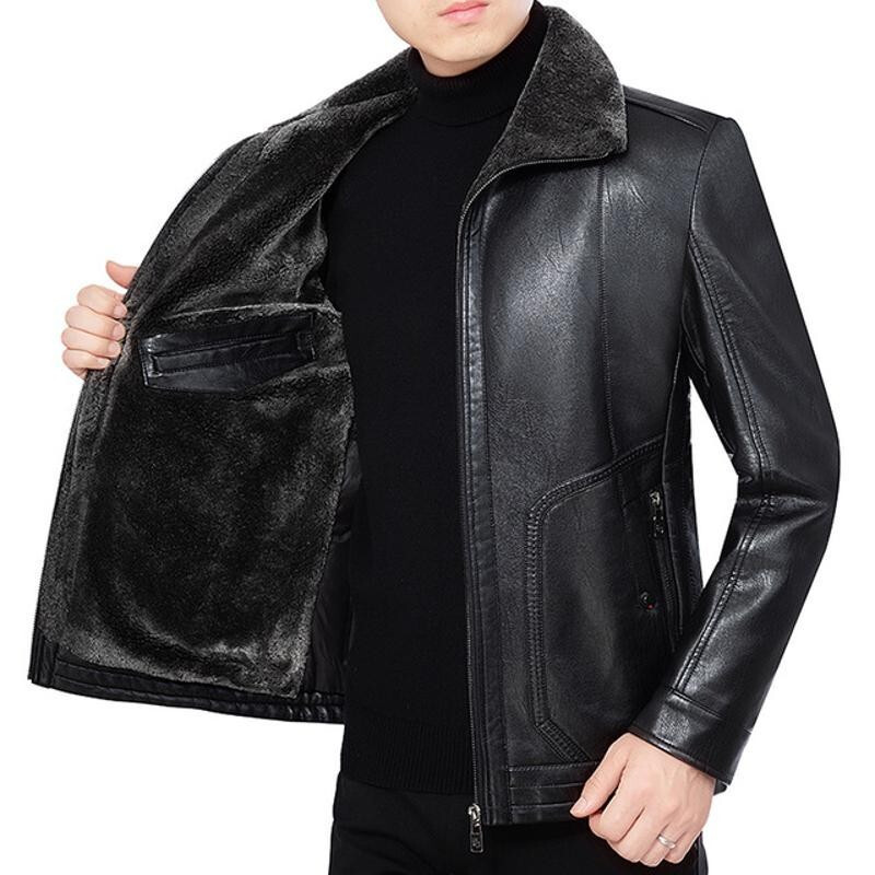 梵克公牛新款男装中年皮衣男外套 男式皮毛一体皮翻领拉链皮衣报价_参