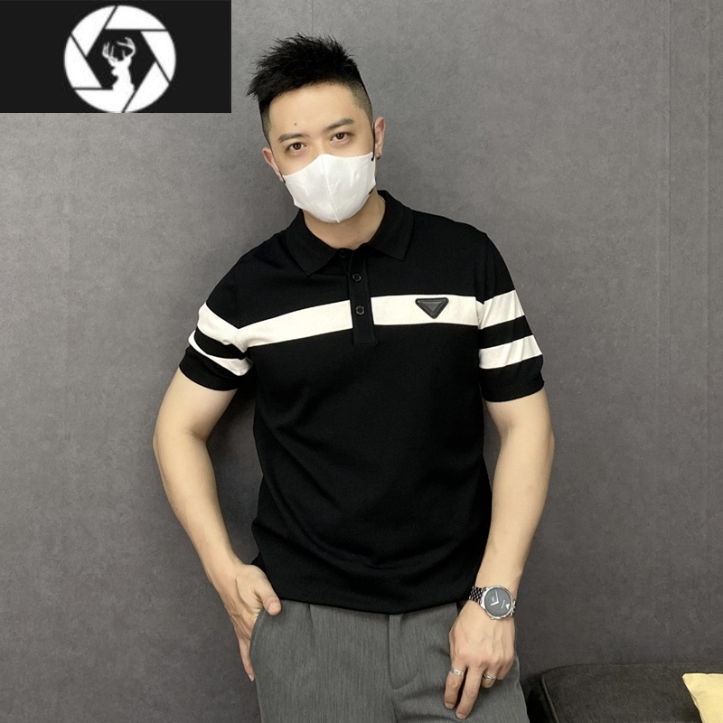 HongZun高端冰丝薄款针织短袖男翻领Polo衫潮牌欧洲站男士休闲撞色t恤夏