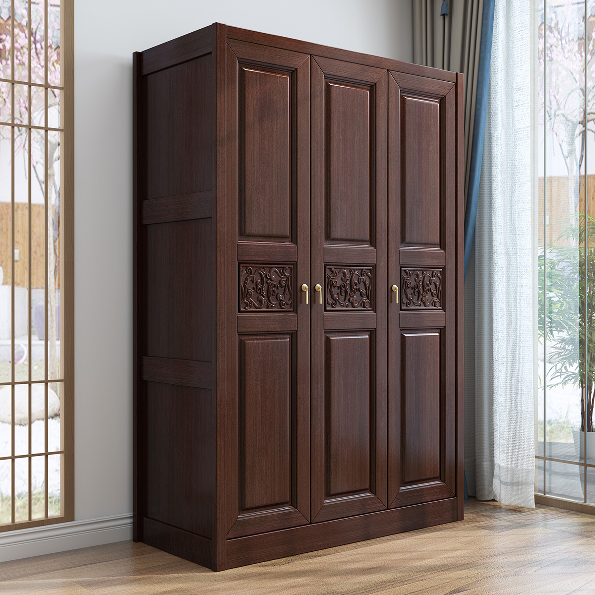 采百木(caibaimu)紫金檀木三门衣柜新中式全实木红木大容量衣橱现代
