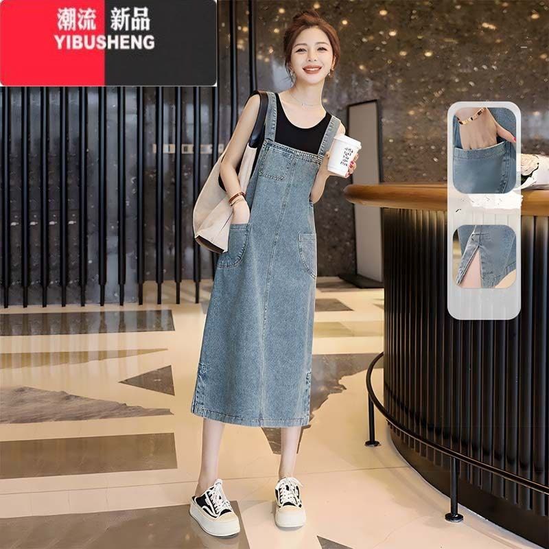 YIBUSHENG2024新款韩系可爱牛仔背带裙女春秋学院风宽松复古中长款连衣裙图片