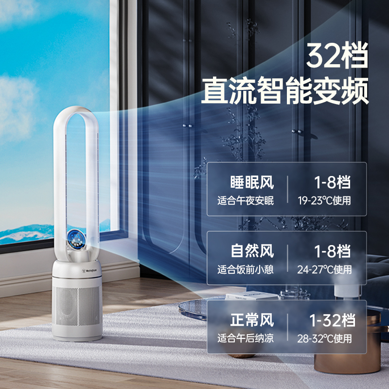 美国西屋(Westinghouse)无叶电风扇WTH-WY202I家用落地扇双重净化立式节能塔扇循环扇低噪多档变频
