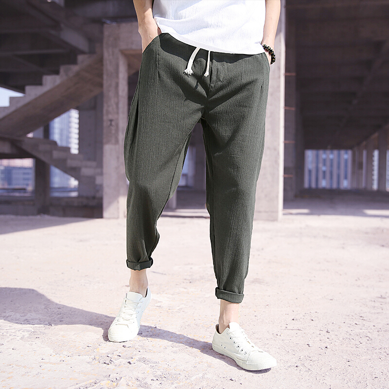 亚麻休闲裤宽松裤束脚棉麻裤男九分哈伦裤灯笼裤