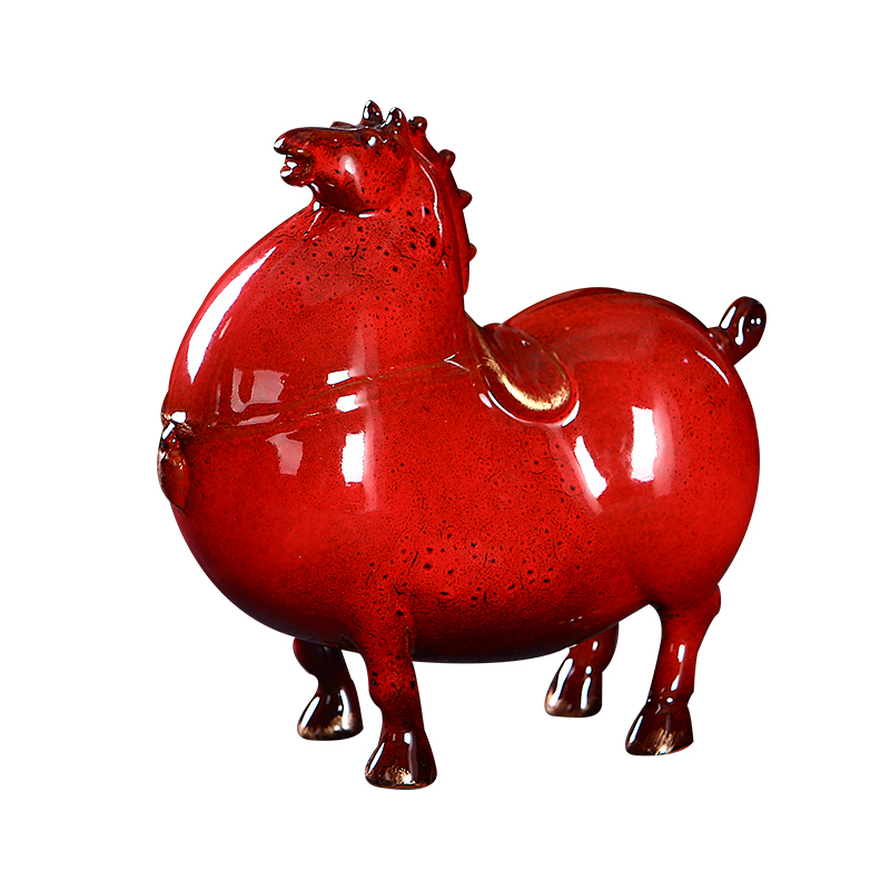 红色唐马摆件陶瓷家居客厅办公桌面酒柜装饰摆设瓷器马工艺品三维工匠