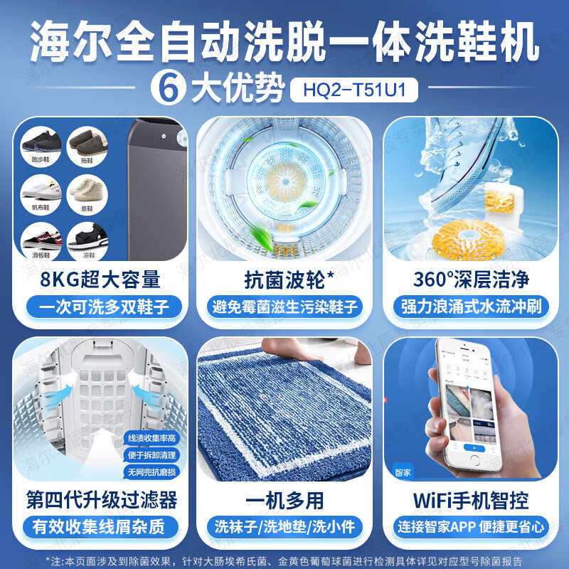 海尔(Haier)洗鞋机8公斤容量 全自动刷鞋机可脱水家用智能洗脱一体多功能懒人洗鞋器迷你免拆鞋带 HQ2-T51U1高清大图