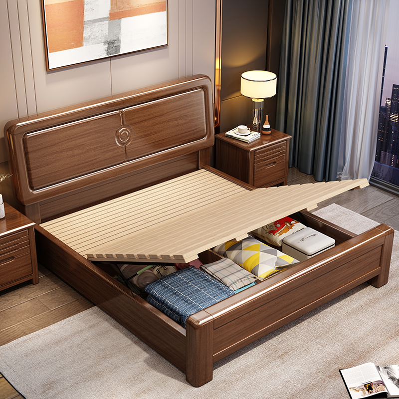 欧梵森 中式床实木床双人床1.8米床1.5m床现代简约卧室主卧大床轻奢气压储物高箱现代婚床实木家具床胡桃木床高清大图