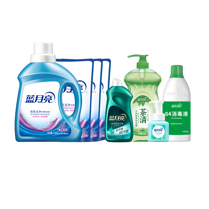 蓝月亮健康洗护套装薰衣草1.88kg+500g*3+洗衣液500g*1+洗洁精1kg+消毒液600g+洗手液255ml