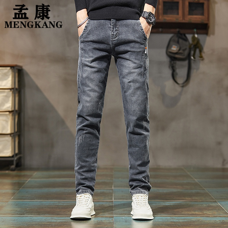 孟康mengkang牛仔裤男士修身百搭小直筒裤2023新款秋冬季新款潮牌青年