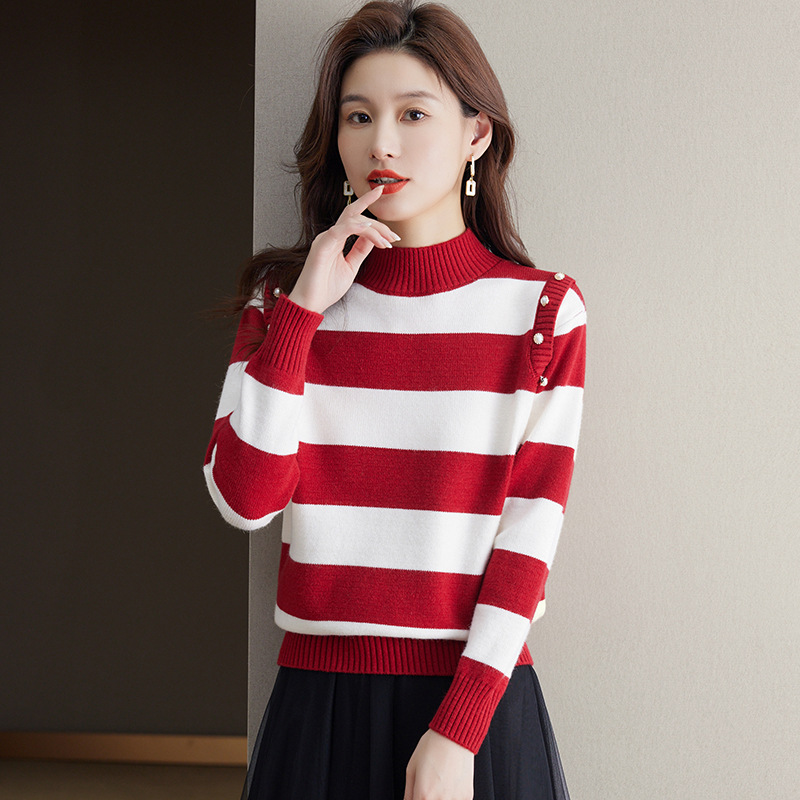 2024春秋新款半高领双股羊绒衫女半高领100%纯山羊绒毛衣印花针织衫宽松慵懒毛衣套头女装上衣针织打底衫加厚外搭毛衣女高清大图