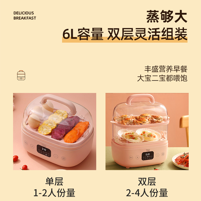 小浣熊电蒸锅多功能家用双层蒸汽锅小型早餐机自动断电蒸菜电蒸笼