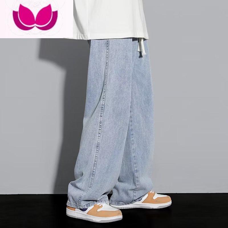 七斓港风复古牛仔裤男松紧腰宽松休闲直筒潮牌阔腿加绒长裤子直 M 复古蓝色常规