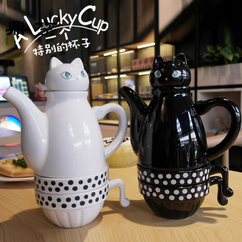 鼎亨日式泡茶水杯萌猫简约茶具陶瓷小茶壶带过滤网不锈钢咖啡餐厅