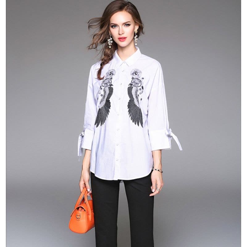 2017秋装新款 韩版女宽松职业打底衬衣刺绣休闲棉麻长袖衬衫女图片
