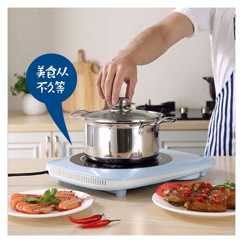 电磁炉家用小型炒菜锅省电不沾火锅大功率多功能电池炉|蓝色 套餐一[汤锅套餐]