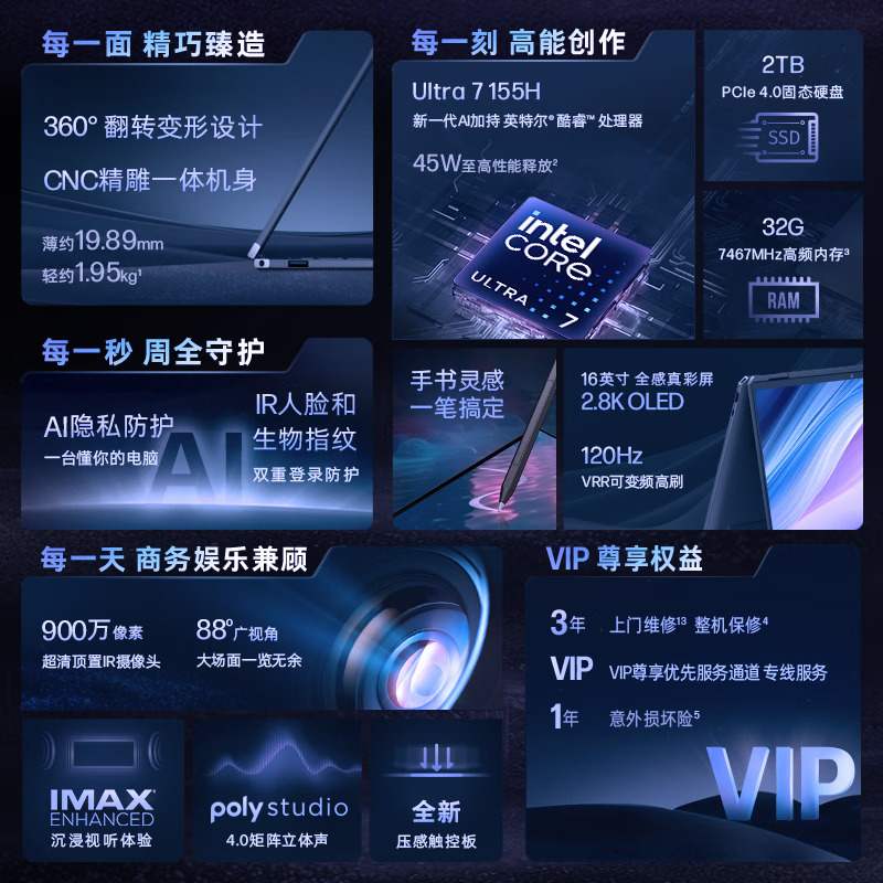 惠普HP 幽灵Spectre x360 16-aa0999TX 16英寸触控翻转轻薄本笔记本电脑(酷睿Ultra7-155H 32G内存 2TB固态 RTX4050独显 AI)蓝