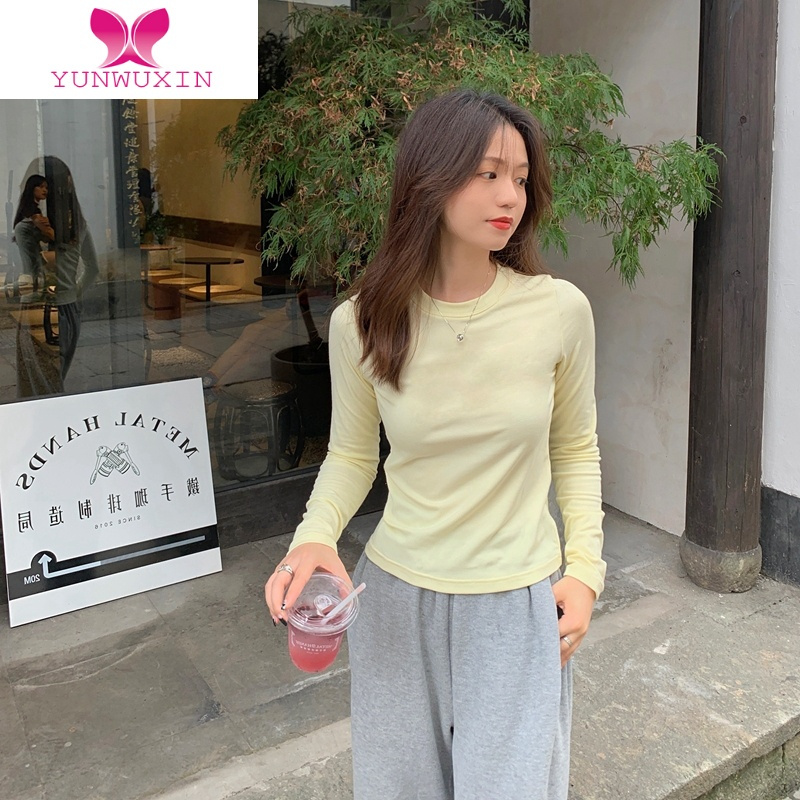 YUNWUXIN奶蓝/淡黄/白色 秋季长袖t恤洋气修身内搭打底衫女短款上衣纯欲风T恤