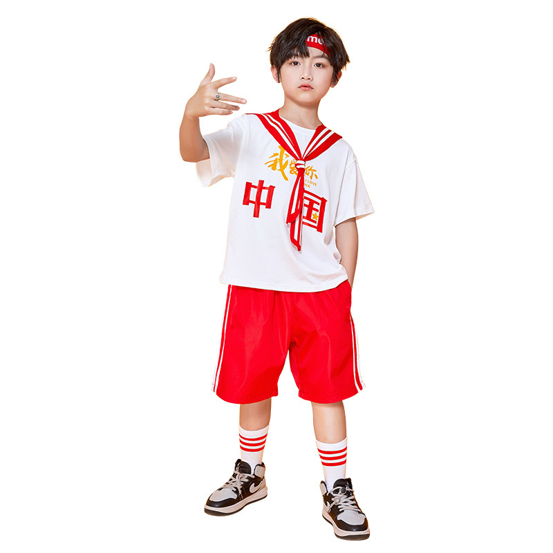 红色男款 120 儿童啦啦操服装幼儿园啦啦队舞蹈表演服中小学生短袖拉