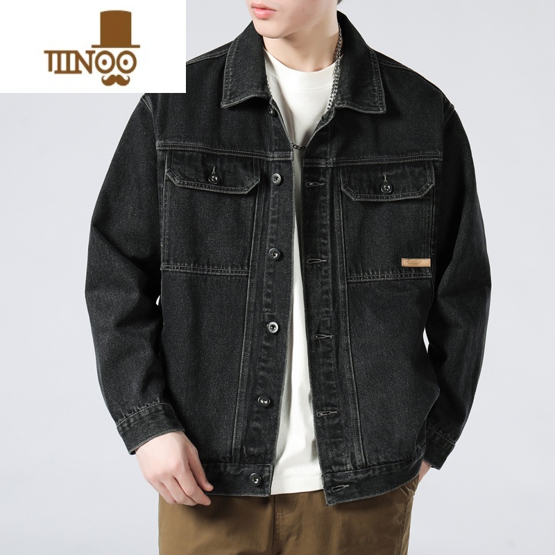 YANXU秋季新款牛仔外套男宽松潮流百搭帅气上衣水洗翻领复古休闲夹克高清大图