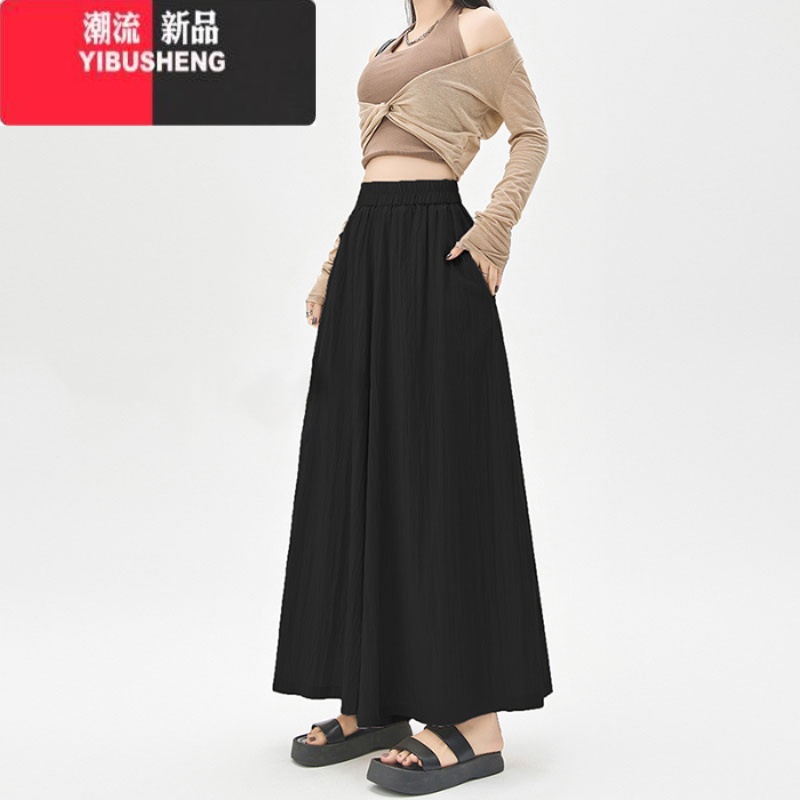 YIBUSHENG褶皱棉麻阔腿裤女季薄款高腰垂感山本裙裤慵懒宽松日系风休闲裤 黑色高质量 M