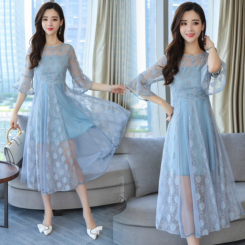 女士夏款新品女中长款温柔风气质蕾丝网纱连衣裙仙女女飘逸裙子潮