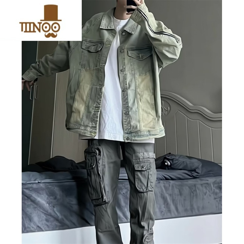 YANXU美式复古Vibe黄泥水洗做旧翻领牛仔夹克男潮牌高街情侣拉链外套X高清大图