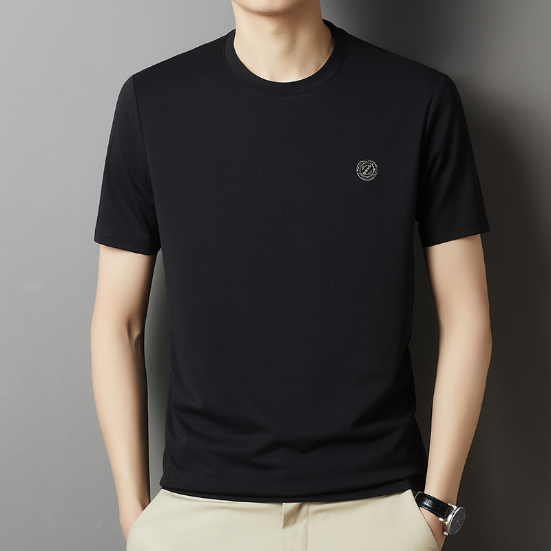 专柜2024夏季新款桑蚕丝短袖t恤男薄款圆领真丝中年半袖时尚体恤 黑色 170