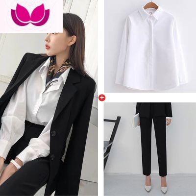 七斓西装套装女通勤大学生答辩教资面试正装职业装西服外套工作服 黑色外套+裤子+白衬衫 S87-97斤