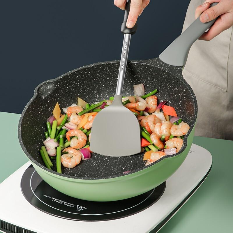 [新品]炊大皇不粘锅麦饭石色锅具套装炒锅家用锅两件四件套厨房全套锅具不粘锅组合燃气电磁炉锅 竹青石四件套(网红推荐)高清大图