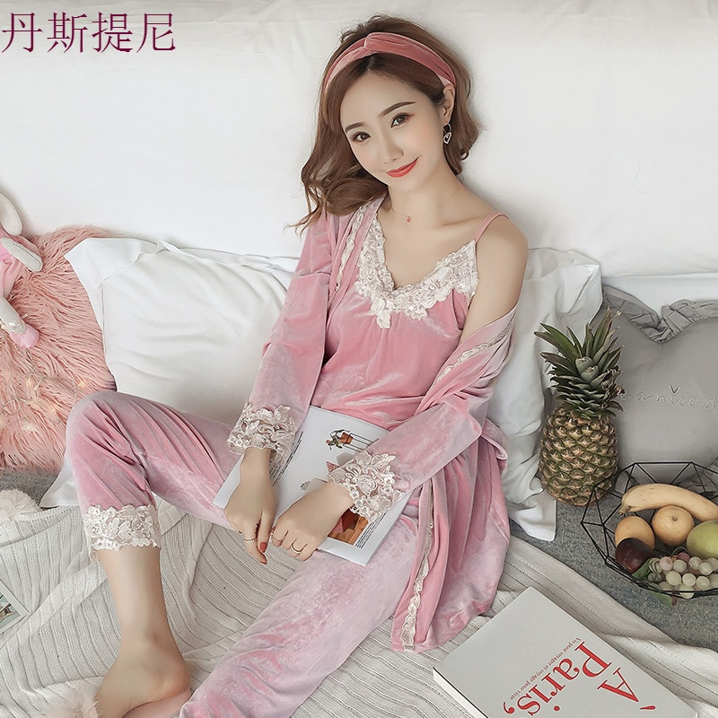 韩版睡衣女秋季性感三件套家居服套装性感长袖加绒冬季薄款珊瑚绒