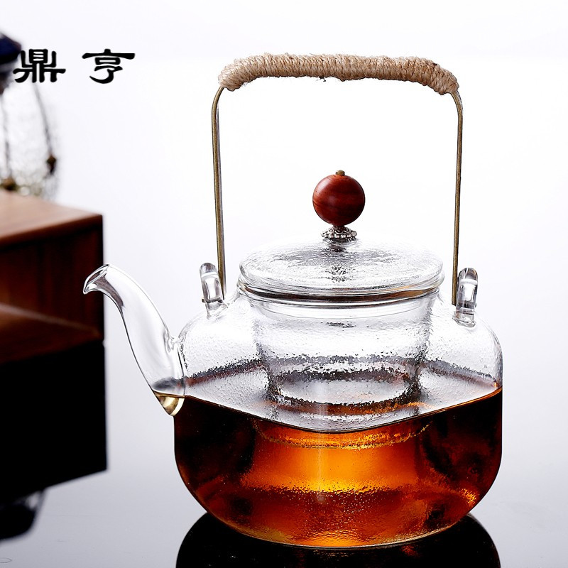 鼎亨日式泡茶壶锤纹耐热玻璃过滤花透明玻璃水壶提梁壶功夫红茶