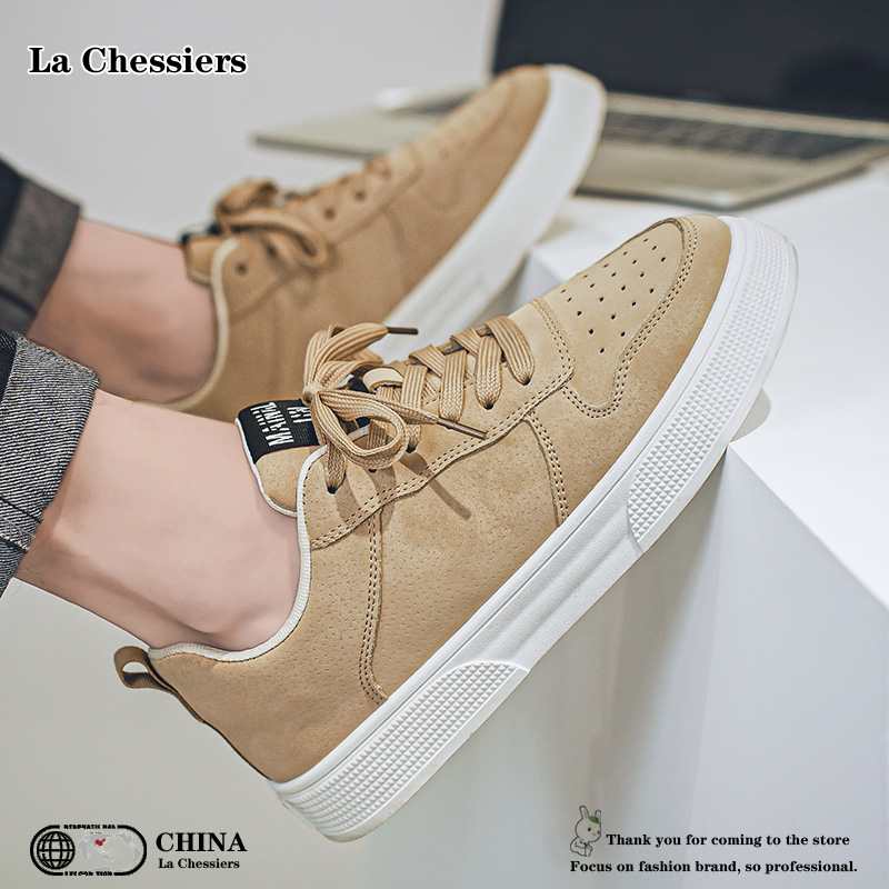 La Chessiers2024新款秋冬透气运动休闲板鞋舒适轻便百搭潮鞋子男款厚底男鞋 卡其 43码