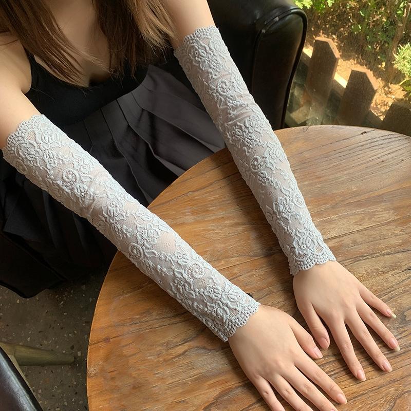 全蕾丝袖套-灰色 均码 2020春夏蕾丝防晒袖套女手套袖子紫外线薄冰丝手护臂套开车假袖子