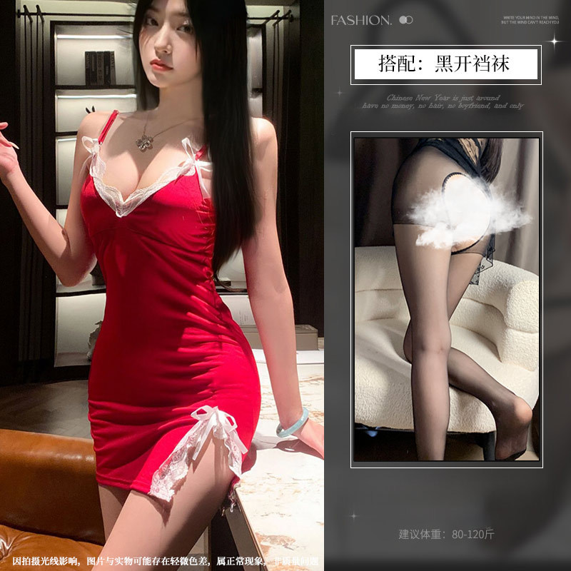 网红吊带睡衣女裙夏性感可爱修身纯欲风蕾丝可胸垫睡裙家居服1361 酒红色【加胸垫】黑开裆袜 S