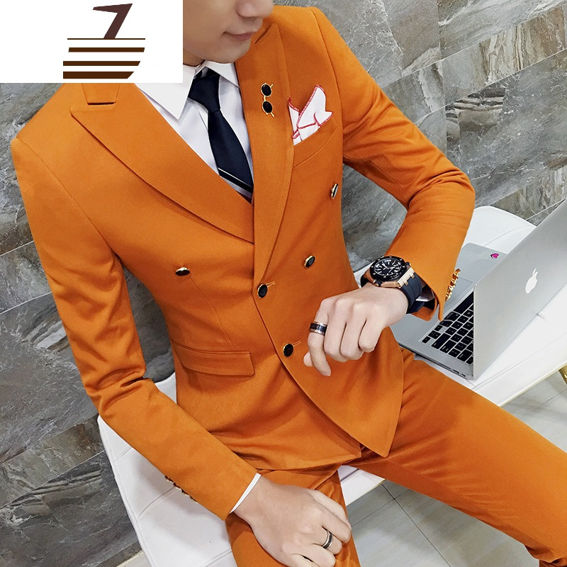 new lake橙色双排扣西装三件套男韩版主持人4xl大码新郎结婚司仪礼服