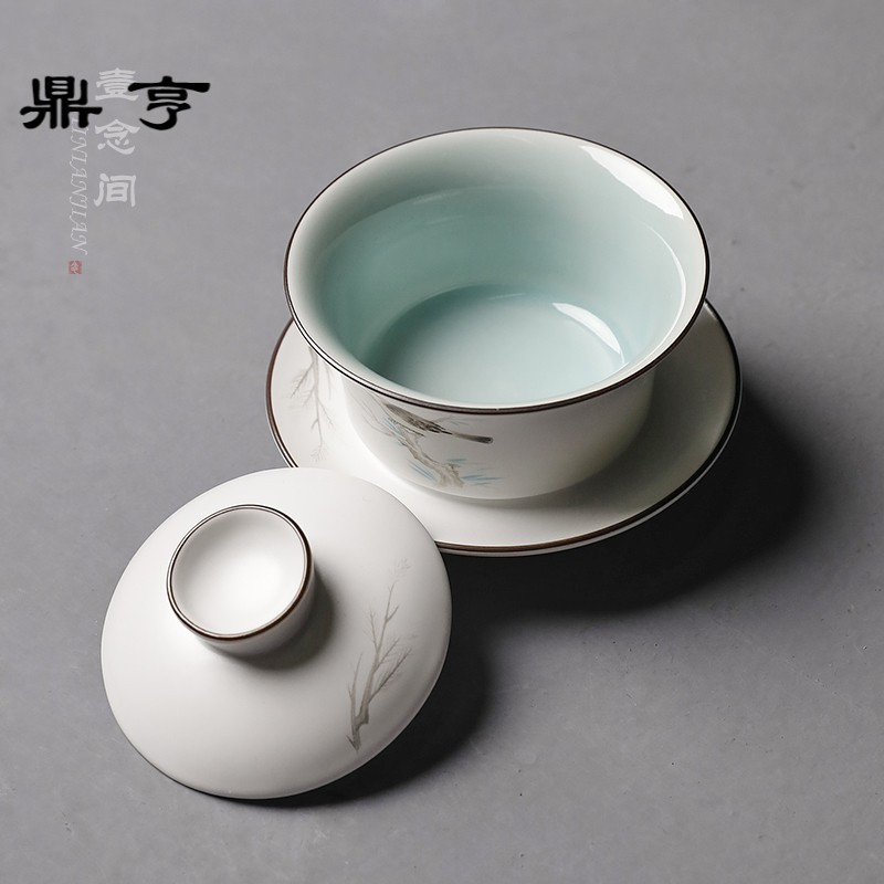 鼎亨定窑脂白墨彩盖碗茶杯陶瓷三才碗景德镇功夫茶具茶杯泡茶器手