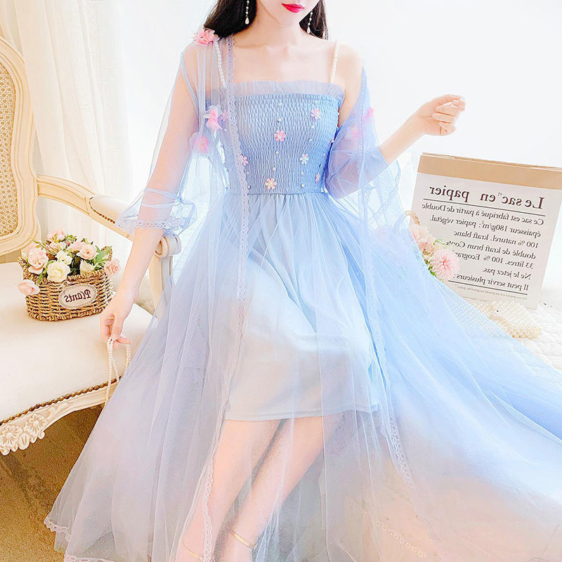 超仙两件套装连衣裙女夏季长款防晒衣开衫+立体花吊带网纱连衣裙 浅蓝色 S(两件套))