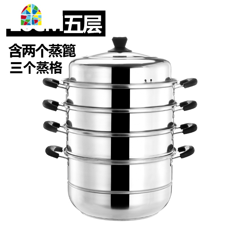 不锈钢蒸锅大号复合底三层加厚双2层蒸笼34cm四层5六层大蒸锅家用 FENGHOU 28cm五层蒸锅(可视盖/复合底)高清大图