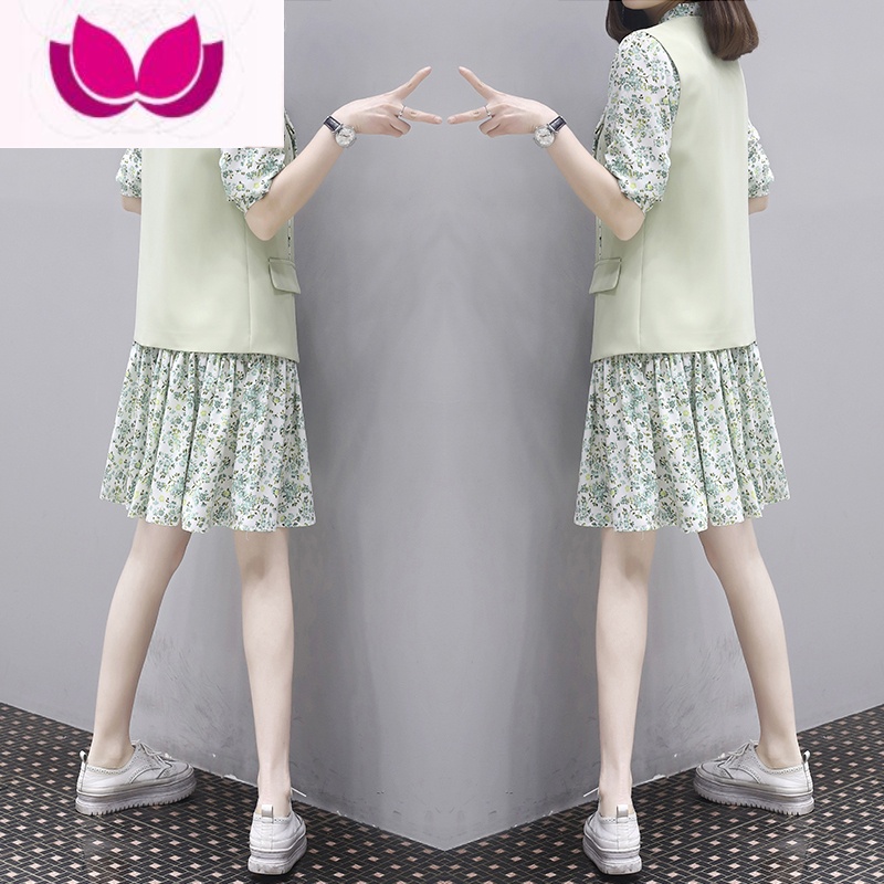 七斓马甲套装裙女装2023年春季休闲宽松外套韩版雪纺碎花连衣裙套高清大图