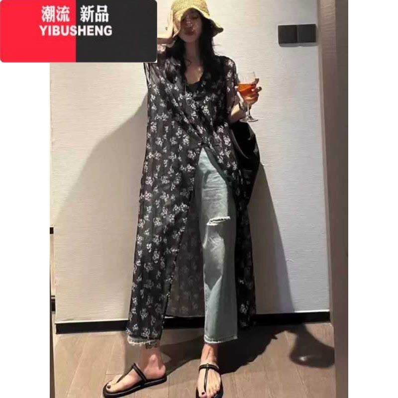 YIBUSHENG韩版复古中长款连衣裙女防晒宽松百搭开叉碎花裙季洋气别致上衣图片