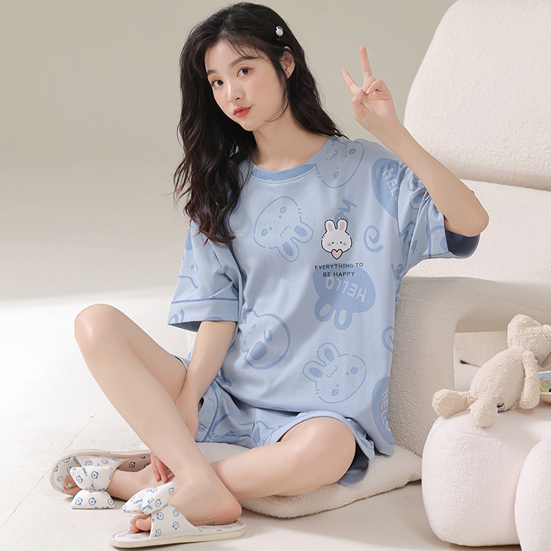 浪莎睡衣女士夏天冰丝绸凉感短袖短裤套装可爱大码夏季薄款家居服