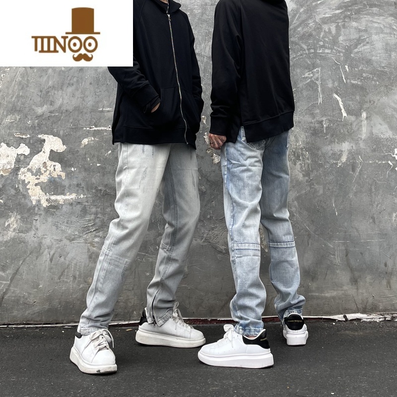 YANXU高街复古水洗浅色牛仔裤男潮牌修身显瘦小脚百搭拉链开衩长裤高清大图