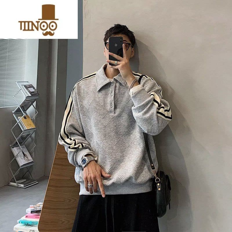 YANXU2022秋季新款翻领长袖polo衫男ins撞色条纹翻领套头卫衣oversize图片